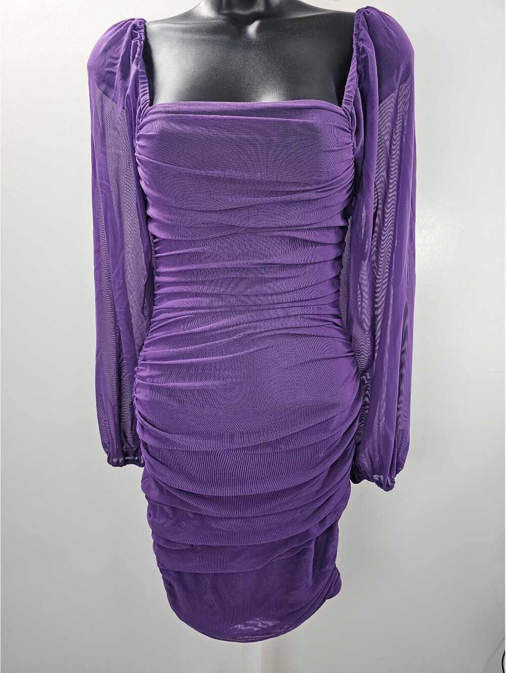 Purple Ruched Mesh Long Sleeve Bodycon Dress